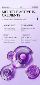 Detailed ingredient breakdown of KORMESIC anti-aging facial serum with Adenosine and Carnosine.