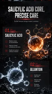 Detalle de los ingredientes ácido salicílico y alantoína para limpiador facial hombre