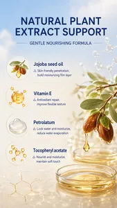 Close-up detail showing natural lipstick ingredients including jojoba oil and vitamin E