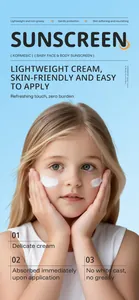 Close-up of child applying KORMESIC baby face and body sunscreen lotion with blue background