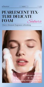 Close-up of dense facial foam with KORMESIC Sakura Facial Cleanser for refreshing skin care