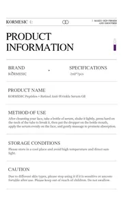 Detailed product information and usage guide for Peptides Retinol Anti-Wrinkle Serum