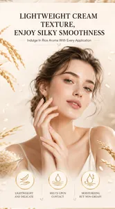 Close-up of model showcasing lightweight rice cream texture for silky smooth skin.