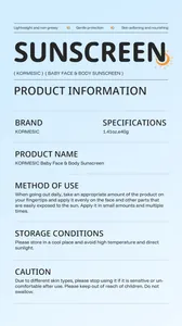 Detailed product information and usage guide for KORMESIC baby face and body sunscreen lotion.