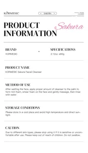KORMESIC Sakura facial cleanser product specifications and detailed usage instructions.