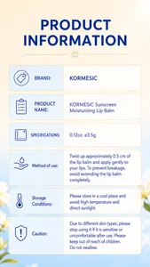 Detailed info card for KORMESIC Sunscreen Moisturizing Lip Balm with usage and safety steps