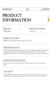 Detailed information sheet for KORMESIC VC and Niacinamide whitening facial serum