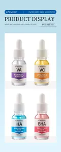 Gedetailleerde weergave van vier KORMESIC gezichtsserums inclusief Retinol en Vitamine C
