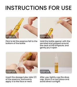 Four-step visual instructions guide for opening and applying facial serum ampoules
