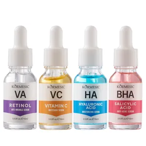 Set van vier KORMESIC gezichtsserums: Retinol, Vitamine C, Hyaluronzuur en Salicylzuur.
