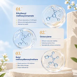 KORMESIC lip balm ingredient infographic showing UV protection and moisturizing benefits