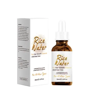 Close-up of Rice Water Hair Growth Serum bottle and packaging box for all hair types