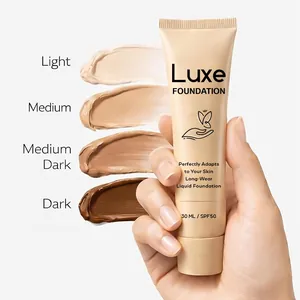 Luxe long-wear liquid foundation tube with SPF50 and four shade swatches