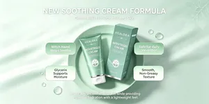 Detail infographic of Healora soothing cream showing ingredients like Witch Hazel and Glycerin.