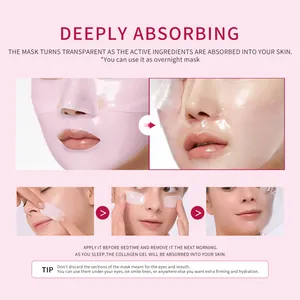 Gros plan du masque au collagène rose devenant transparent sur la peau lors de l'absorption.