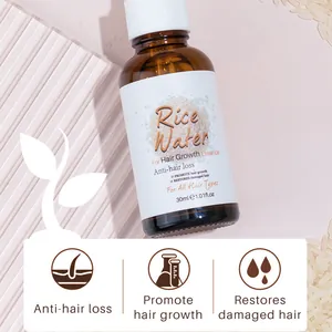 Close-up of Rice Water Hair Growth Essence bottle with hair care benefits icons
