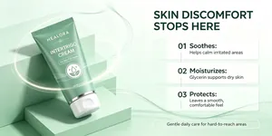Detail view showing the three main benefits of Healora Intertrigo Cream for skin care