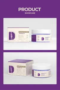 Professional showcase of soothing pain relief massage gel jar and packaging box set