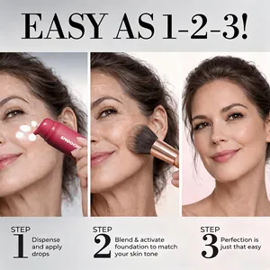 Three-step tutorial for applying color changing foundation in a red bottle