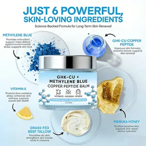 Detail view of GHK-Cu copper peptide balm showing 6 key natural skin ingredients