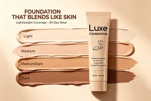 Λεπτομερής προβολή του σωληναρίου Luxe foundation και δειγμάτων αποχρώσεων δέρματος