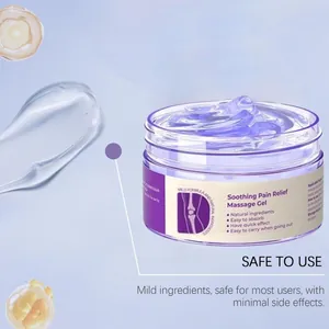 Soothing pain relief massage gel in a purple jar featuring transparent gel texture