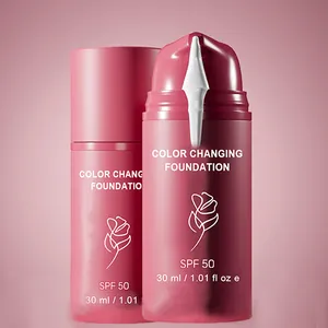 Close-up of color changing foundation bottles with SPF 50 in elegant pink packaging