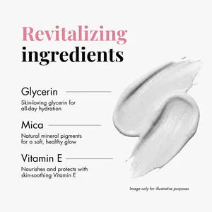 Detail of color changing foundation ingredients with Glycerin, Mica, and Vitamin E.