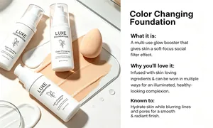 Vue détaillée du fond de teint changeant LUXE et de ses nombreux bienfaits peau.