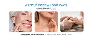 Detail view of blue copper peptide cream showing its use for face, neck and hands.