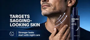 Professional detail of men's night face cream targeting sagging skin for firmer looks