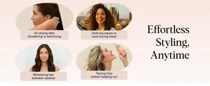 Professional leave-in hair air dry cream shown in multiple styling usage scenarios
