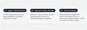 Detailed three-step instruction guide for applying men's night face cream correctly
