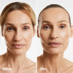 Real before and after results of color changing foundation on mature skin texture