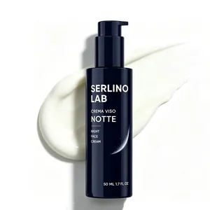 Men's night face cream 50ml pump bottle by Serlino Lab with cream texture smear.