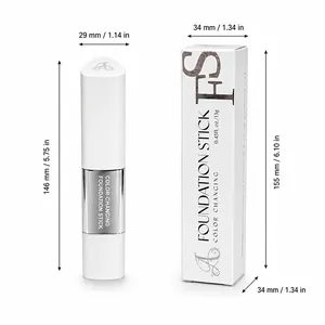 Kleurveranderende foundation stick en verpakking met nauwkeurige productafmetingen