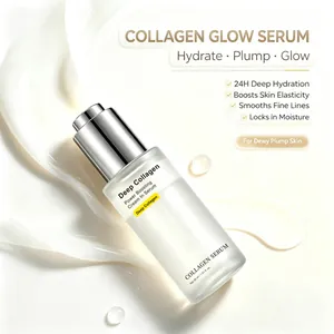 Κοντινό πλάνο του ορού Deep Collagen Serum σε λευκό μεταξένιο φόντο ενυδάτωσης