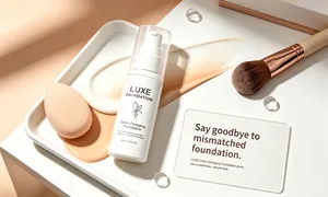 Fond de teint changeant de couleur LUXE avec accessoires de maquillage, décor épuré.