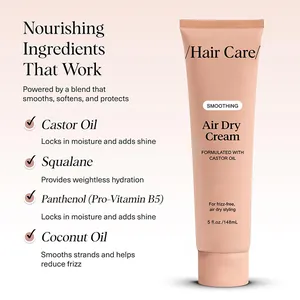 Smoothing Air Dry Cream for hair care with castor oil and squalane, anti-frizz formula. (93 chars)