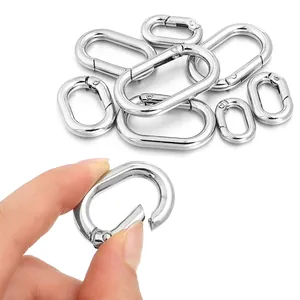 Close-up detail showing manual operation of a silver oval spring gate ring hook