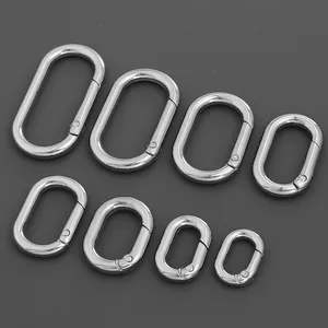 Detail showing eight different sizes of oval silver zinc alloy spring carabiner clips