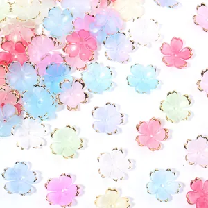 Translucent colorful 3D five-petal flower beads with gold rims for DIY jewelry making