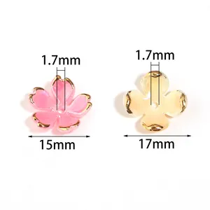 Detail view showing dimensions of pink and yellow 3D five-petal flower bead caps for DIY jewelry