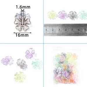 Detailed view of 16mm iridescent 3D five-petal flower bead caps showing size and packaging