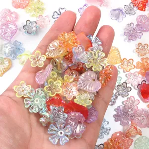 Close-up of colorful translucent five-petal flower beads for DIY jewelry making