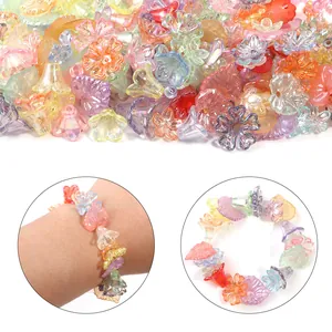 Detailed view of iridescent flower bead caps used in a DIY handmade bracelet