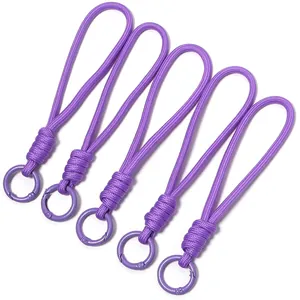 Set of five durable purple braided paracord wrist lanyards with secure metal ring clips