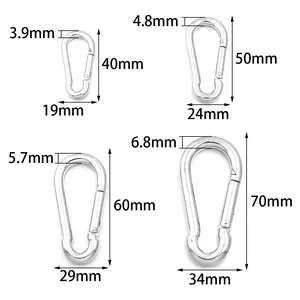 Detailed size measurements for silver zinc alloy carabiner clips with spring gate