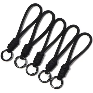 Set of 5 black woven short lanyards with durable black metal rings for phone or U-disk