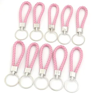 Cordini in pelle PU intrecciata rosa con anelli in metallo per chiavi e chiavette